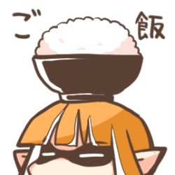 Rule 34 | 1girl, bowl, closed eyes, inkling, inkling girl, inkling player character, long hair, lowres, nintendo, object on head, open mouth, orange hair, rebecca (keinelove), rice, rice bowl, simple background, solo, splatoon (series), splatoon 1