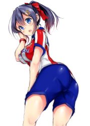 Rule 34 | 1girl, aikawa fuuri, ass, black hair, blue eyes, blue shorts, blush, bow, from behind, hair bow, looking at viewer, mokufuu, open mouth, original, red bow, red shirt, shirt, shorts, simple background, solo, striped clothes, striped shirt, white background