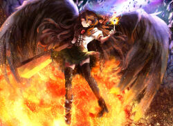 Rule 34 | 1girl, arm cannon, atom, bird wings, black sun, black thighhighs, black wings, bow, breasts, brown hair, closed mouth, commentary request, control rod, embers, fire, floating hair, floating rock, frilled skirt, frills, frown, full body, glowing, glowing eyes, green bow, green skirt, hair between eyes, hair bow, heat haze, highres, index finger raised, long bangs, long hair, matsufox, medium breasts, orange eyes, puffy short sleeves, puffy sleeves, reiuji utsuho, serious, shirt, short sleeves, skirt, solo, sun, thighhighs, third eye, touhou, weapon, white shirt, wings, zettai ryouiki