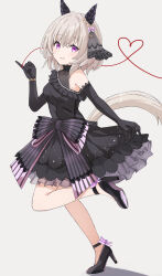 Rule 34 | 1girl, animal ears, black dress, black footwear, black gloves, blush, bow, breasts, curren chan (sakutsuki ma cherie) (umamusume), curren chan (umamusume), dress, dress bow, ear covers, elbow gloves, full body, gloves, grey background, grey hair, heart, heart of string, high heels, highres, horse ears, horse girl, horse tail, looking at viewer, musicccc, pinky out, purple eyes, shadow, short hair, simple background, single bare shoulder, sleeveless, sleeveless dress, small breasts, smile, solo, standing, standing on one leg, strappy heels, string, string around finger, string of fate, tail, the promised time: silks &amp; three riddles (umamusume), umamusume