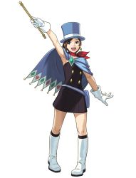 Rule 34 | 1girl, :d, absurdres, ace attorney, apollo justice: ace attorney, arm up, armpits, asymmetrical hair, bag, black dress, black socks, blue eyes, blue hat, boots, brooch, brown hair, capcom, cape, clubs, dress, earrings, fanny pack, full body, fuse takuro, gem (symbol), gloves, hat, highres, jewelry, knee boots, kneehighs, magician, official art, open mouth, outstretched arm, phoenix wright: ace attorney - dual destinies, pigeon-toed, scarf, short dress, short hair, single earring, sleeveless, smile, socks, solo, spade, strapless, strapless dress, swept bangs, top hat, transparent background, trucy wright, tube dress, wand, weapon, white gloves