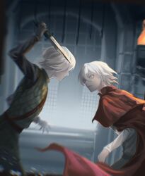 Rule 34 | 2boys, black shirt, blurry, brothers, cape, dagger, depth of field, fire, grey eyes, holding, holding dagger, holding knife, holding weapon, identity v, ithaqua (identity v), itsuk59, knife, long sleeves, looking at another, male focus, motion blur, multiple boys, nathaniel norwell, padded vest, parted lips, red cape, shirt, siblings, snowing, torch, twins, weapon, white hair, white shirt, wide-eyed