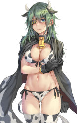 Rule 34 | 1girl, animal ears, animal print, bell, bikini, black gloves, blush, breasts, cape, cleavage, closed mouth, cow ears, cow horns, cow print, cow print bikini, cow tail, cowbell, cowboy shot, eyepatch, front-tie bikini top, front-tie top, gloves, green eyes, green hair, groin, hair between eyes, highres, horns, kantai collection, kiso (kancolle), kokuzou, large breasts, navel, print bikini, short hair, side-tie bikini bottom, simple background, solo, swimsuit, tail, thighhighs, white background, white bikini, white thighhighs
