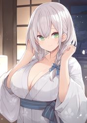 Rule 34 | 1girl, braid, breasts, cleavage, closed mouth, green eyes, hands up, highres, hololive, japanese clothes, kimono, large breasts, long sleeves, looking at viewer, medium breasts, mou tama maru, shirogane noel, silver hair, single braid, smile, solo, virtual youtuber, wide sleeves