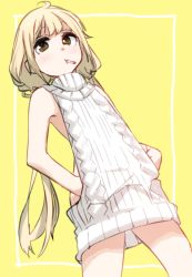 Rule 34 | 1girl, apple (ygbhjdbiulsg), aran sweater, blonde hair, brown eyes, cable knit, candy, commentary request, cowboy shot, dress, food, futaba anzu, halterneck, idolmaster, idolmaster cinderella girls, lollipop, long hair, looking at viewer, low twintails, meme attire, mouth hold, naked sweater, simple background, solo, sweater, sweater dress, twintails, virgin killer sweater, white sweater
