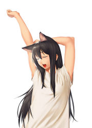 Rule 34 | 1girl, animal ears, arms up, azusa (hws), cat ears, closed eyes, extra ears, flat chest, open mouth, original, simple background, solo, white background