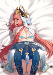 Rule 34 | 1girl, all fours, ass, back, back tattoo, blue eyes, blush, female masturbation, genshin impact, highres, horns, long hair, looking at viewer, looking back, masturbation, median furrow, nilou (genshin impact), open mouth, pussy juice, red hair, satomi (745684552), shoulder blades, shrug (clothing), skirt, solo, tattoo, thighs, top-down bottom-up, veil, vision (genshin impact)