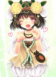 Rule 34 | 1girl, alternate costume, animal ears, bag, bloomers, blush, bow, bracelet, brown hair, rabbit ears, carrot, choker, e-co (iko), flower, flower on head, handbag, heart, highres, inaba tewi, jewelry, lots of jewelry, nail polish, one eye closed, open mouth, paw pose, pink eyes, solo, touhou, underwear, xe-cox