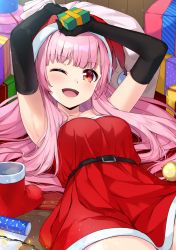 Rule 34 | 1girl, ;d, armpits, arms up, bare shoulders, belt, black gloves, blunt bangs, blush, bon (bonbon315), box, breasts, christmas, collarbone, commentary request, dress, elbow gloves, gift, gift box, gloves, hat, highres, holding, holding gift, indoors, long hair, looking at viewer, lying, on back, one eye closed, open mouth, original, pink hair, red dress, red gloves, red hat, santa costume, santa hat, short dress, short sleeves, smile, solo