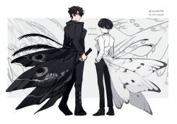 Rule 34 | 2boys, antennae, black coat, black eyes, black footwear, black hair, black pants, boots, border, butterfly wings, character name, closed mouth, coat, commentary, english commentary, grey background, hands in pockets, holding, holding sword, holding weapon, insect wings, kim dokja, long sleeves, looking back, male focus, moth antennae, moth wings, multiple boys, omniscient reader&#039;s viewpoint, outside border, pants, short hair, simple background, smile, soya (shuffle), standing, sword, twitter username, weapon, white border, white coat, wings, yoo joonghyuk