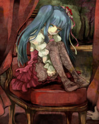 Rule 34 | 00s, 1girl, bad id, bad pixiv id, blue eyes, blue hair, chair, choker, curtains, dress, feet, feet on chair, flower, framed, furudo erika, hair flower, hair ornament, hugging own legs, isago (ica), light smile, long hair, looking at viewer, matching hair/eyes, no shoes, painting (object), pantyhose, patterned legwear, picture frame, print pantyhose, puffy sleeves, red flower, red rose, red upholstery, rose, sidelocks, sitting, solo, twintails, umineko no naku koro ni