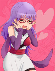 Rule 34 | 1girl, :d, arm warmers, blush, closed eyes, cowboy shot, gintama, glasses, hands on own cheeks, hands on own face, heart, ica, long hair, mole, mole under eye, open mouth, purple hair, purple scarf, sarutobi ayame, scarf, smile, solo