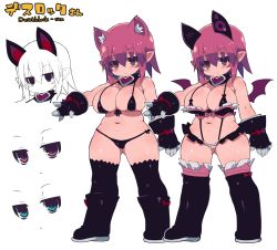 Rule 34 | 1girl, absurdres, animal ears, arm at side, bikini, black bikini, black gloves, black thighhighs, blue eyes, blush, boots, bow, breasts, character name, character sheet, commentary request, deathlock-san, detached collar, gloves, hair between eyes, highres, jitome, large breasts, legs apart, looking at viewer, micro bikini, multiple views, original, parted lips, pink eyes, pink hair, pointy ears, red bow, short hair, shortstack, simple background, skindentation, slingshot swimsuit, standing, swimsuit, thigh boots, thighhighs, white background, zankuro