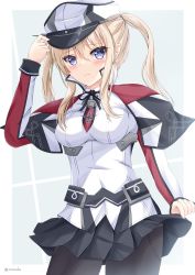 Rule 34 | 1girl, arm up, black necktie, black pantyhose, black skirt, blonde hair, blush, breasts, capelet, embarrassed, frown, graf zeppelin (kancolle), grey eyes, hair between eyes, hand on headwear, hat, highres, impossible clothes, jacket, kantai collection, large breasts, long hair, long sleeves, looking at viewer, military hat, military jacket, necktie, pantyhose, red necktie, simple background, skirt, solo, twintails, two-tone necktie, white jacket, yurasuku