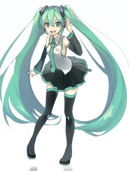 Rule 34 | 1girl, black footwear, black thighhighs, boots, detached sleeves, green eyes, green hair, hatsune miku, headset, highres, long hair, matching hair/eyes, necktie, open mouth, sarukichi, simple background, skirt, solo, thigh boots, thighhighs, twintails, very long hair, vocaloid, white background, zettai ryouiki