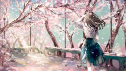 Rule 34 | 1girl, ahma, blue skirt, blue sky, brown hair, cherry blossoms, commentary request, day, facing away, from behind, hand up, highres, lamppost, long hair, long sleeves, original, outdoors, pleated skirt, railing, shirt, skirt, sky, solo, standing, tree, white shirt