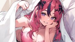 Rule 34 | 1girl, ayumeyatto, bed sheet, black bow, black hair, bow, bra, breasts, cleavage, collarbone, hair bow, hair over shoulder, hand on own cheek, hand on own face, highres, indie virtual youtuber, large breasts, long hair, lying, multicolored hair, on stomach, pink bra, pink hair, purple eyes, saiiren, smile, solo, streaked hair, striped, striped bow, teeth, underwear