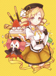 Rule 34 | 10s, 1girl, blonde hair, cake, cake slice, charlotte (madoka magica), cookie, corset, cup, detached sleeves, drill hair, drinking, fingerless gloves, food, fruit, gloves, hair ornament, hat, himaya, long hair, macaron, mahou shoujo madoka magica, mahou shoujo madoka magica (anime), miniskirt, pleated skirt, pocky, puffy sleeves, ribbon, skirt, strawberry, strawberry shortcake, teacup, thighhighs, tomoe mami, twin drills, twintails, wafer stick, yellow background, yellow eyes, yellow skirt