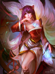 Rule 34 | 1girl, absurdres, ahri (league of legends), animal ears, armpits, blue hair, braid, breasts, collarbone, detached sleeves, energy ball, facial mark, fox ears, fox tail, hand to own mouth, highres, korean clothes, large breasts, league of legends, lips, long hair, looking to the side, low neckline, multiple tails, off shoulder, parted lips, ruien (wu jui-en), signature, single braid, solo, tail, whisker markings, wide sleeves