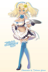 Rule 34 | 1girl, anniversary, apron, artist name, blonde hair, blue bow, blue eyes, blue thighhighs, bow, breasts, cleavage, clothes lift, dark-skinned female, dark skin, flower, frilled shirt, frills, full body, hair flower, hair ornament, holding, holding tray, large breasts, lifted by self, long hair, looking at viewer, maid, maid apron, maid headdress, midriff, navel, sennen sensou aigis, shirt, simple background, skirt, skirt lift, solo, standing, thighhighs, tokinon, tray, vivian (sennen sensou aigis), white background, wrist cuffs