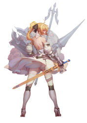 Rule 34 | 1girl, ahoge, armor, armored boots, armored dress, artoria pendragon (all), artoria pendragon (fate), back, bad id, bad pixiv id, bare back, bare shoulders, black bow, blonde hair, boots, bow, caliburn (fate), catsmoon, closed mouth, detached sleeves, dress, eyelashes, fate/stay night, fate/unlimited codes, fate (series), faulds, flower, from behind, full body, garter straps, gauntlets, green eyes, hair bow, high heel boots, high heels, highres, holding, holding sword, holding weapon, legs apart, long hair, looking at viewer, polearm, profile, projected inset, puffy sleeves, red flower, red rose, rose, saber (fate), saber lily, shade, shield, short dress, solo, spear, standing, sword, thighhighs, weapon, white background, white dress, white thighhighs