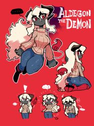 Rule 34 | !, ..., 1girl, afterimage, aldegon (rariatto), black skin, boots, brown sweater, character name, colored skin, demon girl, demon horns, floating, highres, horns, long hair, looking at viewer, multiple views, original, outline, pointy ears, rariatto (ganguri), red background, red eyes, red footwear, ribbed sweater, ringed eyes, seiza, shaded face, simple background, sitting, spoken ellipsis, spoken exclamation mark, standing, sweater, tail, very long hair, white hair, white outline