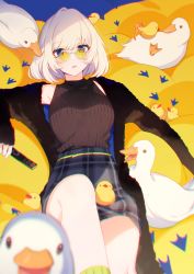 Rule 34 | 1girl, absurdres, animal, armpits, bare shoulders, bird, black jacket, black sweater, blue eyes, blurry, breasts, chromatic aberration, commentary, depth of field, duck, english commentary, fur jacket, glasses, high-waist skirt, highres, huge filesize, jacket, knee up, looking at viewer, looking over eyewear, looking over glasses, lying, medium breasts, miniskirt, on back, open clothes, open jacket, original, parted lips, pencil skirt, pince-nez, plaid, plaid skirt, ribbed sweater, round eyewear, short hair, skirt, sleeveless, sleeveless sweater, socks, solo, sunglasses, sweater, tinted eyewear, tomari (veryberry00), white hair, yellow-tinted eyewear, yellow-tinted glasses