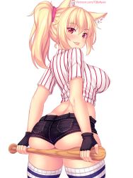Rule 34 | 1girl, :p, animal ear fluff, animal ears, ass, baseball bat, black shorts, blonde hair, blush, breasts, cat ears, closed mouth, commentary, covered erect nipples, crop top, english commentary, hair between eyes, high ponytail, highres, holding, holding baseball bat, huge ass, large breasts, long hair, looking at viewer, looking back, micro shorts, midriff, nottytiffy, original, red eyes, shirt, short sleeves, shorts, side ponytail, sidelocks, simple background, smile, solo, striped clothes, striped shirt, striped thighhighs, thighhighs, tiffy (nottytiffy), tongue, tongue out, vertical-striped clothes, vertical-striped shirt, watermark, web address, white background, white shirt
