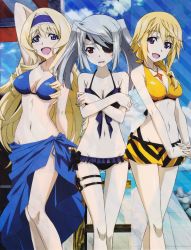 Rule 34 | 10s, 3girls, :d, absurdres, arm up, bare shoulders, bikini, bikini skirt, bleed through, blonde hair, blue bikini, blue eyes, blush, bracelet, braid, breast hold, breasts, cecilia alcott, charlotte dunois, cleavage, covering breasts, covering privates, duplicate, embarrassed, eyepatch, front-tie top, groin, hairband, hashimoto takayoshi, highres, infinite stratos, jewelry, laura bodewig, lips, long hair, long legs, medium breasts, multiple girls, navel, official art, open mouth, pendant, purple eyes, red eyes, sarong, scan, scan artifacts, side-tie bikini bottom, silver hair, small breasts, smile, striped clothes, striped sarong, swimsuit, thigh gap, thigh strap, twintails