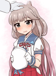 Rule 34 | 1boy, 1girl, blue sailor collar, blush, dolphin, grey eyes, hat, headpat, hip vent, holding, holding clothes, holding hat, junes, kantai collection, light brown hair, long hair, low twintails, mikura (kancolle), open mouth, panties, red neckwear, red skirt, sailor collar, school uniform, serafuku, short sleeves, simple background, skirt, solo focus, twintails, underwear, unworn hat, unworn headwear, white headwear, white panties