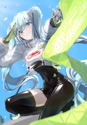 Rule 34 | 1girl, :3, absurdres, black bodysuit, black footwear, black gloves, blue eyes, blue hair, blue sky, blush, bodysuit, boots, closed mouth, clothes writing, covered navel, crop top, day, flag, gloves, green gloves, hatsune miku, highres, holding, holding flag, leg up, long hair, long sleeves, looking at viewer, outdoors, outstretched arm, racing miku, racing miku (2022), salute, seorang, shiny clothes, single thigh boot, sky, smile, solo, thigh boots, thighhighs, twintails, two-tone gloves, very long hair, vocaloid