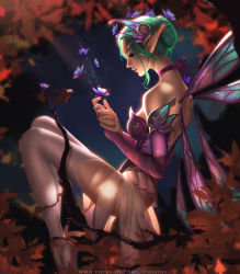 Rule 34 | 1girl, adapted wings, aqua hair, autumn leaves, backlighting, bare shoulders, branch, breasts, bridal gauntlets, bug, butterfly, choker, dress, elbow gloves, fairy, fairy wings, from side, gloves, hair bun, hair ornament, insect, liang xing, light beam, light particles, looking at another, looking down, medium breasts, mercy (overwatch), miniskirt, night, official alternate costume, overwatch, overwatch 1, pleated skirt, pointy ears, purple dress, purple gloves, purple ribbon, ribbon, ribbon choker, see-through, single hair bun, sitting, skirt, sleeveless, sleeveless dress, solo, sugar plum fairy mercy, thighhighs, watermark, web address, wings