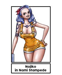 Rule 34 | 1girl, bare shoulders, bikini, blue eyes, blue hair, breasts, crossdressing, female focus, highres, iury padilha, large breasts, nojiko, one piece, ornament, overalls, smile, solo, swimsuit, tattoo, thick thighs, thighs