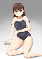 Rule 34 | 1girl, 30-06, bad id, bad pixiv id, breasts, brown eyes, brown hair, competition school swimsuit, grey background, highres, kantai collection, long hair, looking at viewer, medium breasts, one-piece swimsuit, ooi (kancolle), open mouth, school swimsuit, sitting, solo, swimsuit