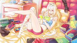 Rule 34 | 1girl, bad id, bad pixiv id, bandages, barefoot, bed, blonde hair, book, chest of drawers, chips (food), food, glasses, gloves, hair ornament, hairclip, highres, ljs35794, long hair, messy, midriff, open book, original, reading, red eyes, shirt, single glove, solo