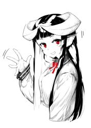 Rule 34 | 1girl, animal ears, blunt bangs, bow, breasts, collared shirt, cropped torso, curled horns, dress shirt, hand up, highres, horns, jaco, long hair, long sleeves, original, red bow, red eyes, shirt, simple background, sleeves past wrists, small breasts, smile, solo, spot color, upper body, very long hair, white background