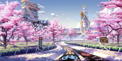 Rule 34 | arrow (symbol), building, cherry blossoms, cloud, culture japan, day, grass, highres, no humans, original, pinakes, road, scenery, science fiction, sky, spring (season), tree
