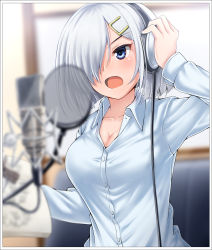 Rule 34 | 1girl, alternate costume, blue eyes, blush, breasts, eyes visible through hair, hair between eyes, hair ornament, hair over one eye, hairclip, hamakaze (kancolle), headphones, highres, kantai collection, large breasts, long sleeves, microphone, open mouth, shirt, short hair, silver hair, solo, studio microphone, white shirt, zanntetu