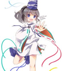 Rule 34 | 1girl, blue eyes, blue footwear, blue hat, commentary request, dated, enjoy mix, hat, japanese clothes, kariginu, leg up, long sleeves, looking at viewer, medium hair, mononobe no futo, one-hour drawing challenge, pom pom (clothes), ponytail, ribbon-trimmed sleeves, ribbon trim, signature, simple background, solo, standing, tate eboshi, touhou, twitter username, white background