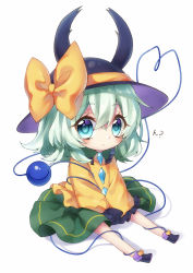 Rule 34 | 1girl, :&lt;, bad id, bad pixiv id, beetle horn, blush, bow, chibi, commentary request, eyeball, frilled shirt collar, frilled sleeves, frills, full body, green eyes, green hair, hat, hat bow, heart, heart of string, highres, horns, komeiji koishi, kyouda suzuka, long sleeves, looking at viewer, simple background, sitting, skirt, solo, stag beetle, string, third eye, touhou, white background, wide sleeves, yellow bow