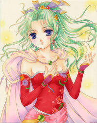 Rule 34 | 1990s (style), 1girl, bad id, bad pixiv id, blue eyes, cape, detached sleeves, earrings, female focus, final fantasy, final fantasy vi, gradient background, green hair, hair ornament, jewelry, retro artstyle, solo, tina branford, traditional media, yukiou