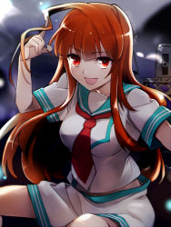 Rule 34 | &gt;:d, 10s, 1girl, :d, ahoge, brown eyes, brown hair, kantai collection, kuma (kancolle), long hair, machinery, necktie, open mouth, primary stage, red necktie, sailor collar, school uniform, serafuku, short sleeves, shorts, sidelocks, smile, solo, twitter username, v-shaped eyebrows, white shorts