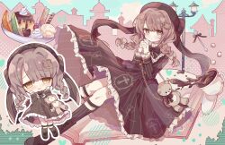 Rule 34 | 1girl, bag, bear hair ornament, black bow, black bowtie, black dress, black footwear, black hat, blush, boots, bow, bowtie, braid, brown eyes, brown hair, cake, chibi, chocolate, coffee, coffee mug, cup, dress, food, frilled dress, frills, full body, futaba969649, hair between eyes, hair bow, hair ornament, handbag, hat, hat ribbon, highres, lamp, light blush, lolita fashion, long hair, long sleeves, looking at viewer, mug, multiple views, open mouth, original, own hands together, plate, ribbon, stuffed animal, stuffed toy, sugar cube, teddy bear, twin braids, wand