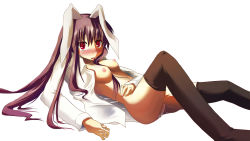 Rule 34 | 1girl, animal ears, blush, breasts, censored, female focus, highres, murasin, nipples, pussy, rabbit ears, reisen udongein inaba, simple background, solo, thighhighs, touhou, white background