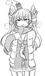 Rule 34 | absurdres, amatsukaze (kancolle), arms behind back, blush, breath, buttons, coat, cowboy shot, dress, garter straps, greyscale, hair tubes, half-closed eyes, hat, highres, kantai collection, lifebuoy, long hair, looking at viewer, mini hat, monochrome, poyo (hellmayuge), sailor, sailor dress, scarf, short dress, smile, smokestack hair ornament, solo, swim ring, two side up