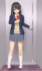 Rule 34 | 1girl, black hair, black jacket, blazer, blue eyes, blurry, blurry background, blush, bow, bowtie, buttons, collared shirt, eto, finger to mouth, full body, grey skirt, groin, highres, indoors, jacket, kneehighs, latch, locking, long sleeves, looking at viewer, miniskirt, original, pleated skirt, school uniform, shirt, shoes, skirt, socks, solo, standing, striped bow, striped bowtie, striped clothes, striped neckwear, sweater vest, tile floor, tiles, toilet stall, two side up, uwabaki, white shirt, white socks, wing collar