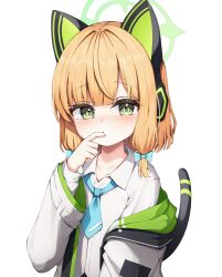 Rule 34 | 1girl, animal ear headphones, animal ears, blonde hair, blue archive, blue bow, blue necktie, bow, cat ear headphones, commentary request, fake animal ears, fake tail, green eyes, green halo, hair bow, halo, headphones, highres, jacket, long sleeves, looking at viewer, midori (blue archive), nanochie, necktie, shirt, short hair, tail, teeth, upper teeth only, white jacket, white shirt