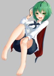 Rule 34 | 1girl, antennae, barefoot, biburu, blush, cape, feet, full body, green eyes, green hair, grey background, hand up, highres, looking at viewer, open mouth, red cape, shirt, short hair, shorts, sitting, solo, toes, touhou, white shirt, wriggle nightbug