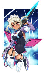 Rule 34 | 1girl, boots, breasts, candy crown, dark-skinned female, dark skin, energy weapon, garter straps, grey hair, hair between eyes, hair ornament, hairclip, headdress, jumping, large breasts, leotard, long sleeves, looking at viewer, maid headdress, phantasy star, phantasy star online 2, polearm, puffy sleeves, red eyes, shinozuka atsuto, smile, solo, thigh boots, thighhighs, twintails, weapon, white thighhighs