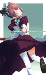 Rule 34 | 1girl, alternate costume, brown hair, enmaided, garter straps, green eyes, highres, holding, holding sword, holding weapon, jagi (jagi souken), katana, looking back, maid, ponytail, simple background, solo, standing, standing on one leg, sword, thighhighs, toki ayano, weapon, white thighhighs, yurucamp